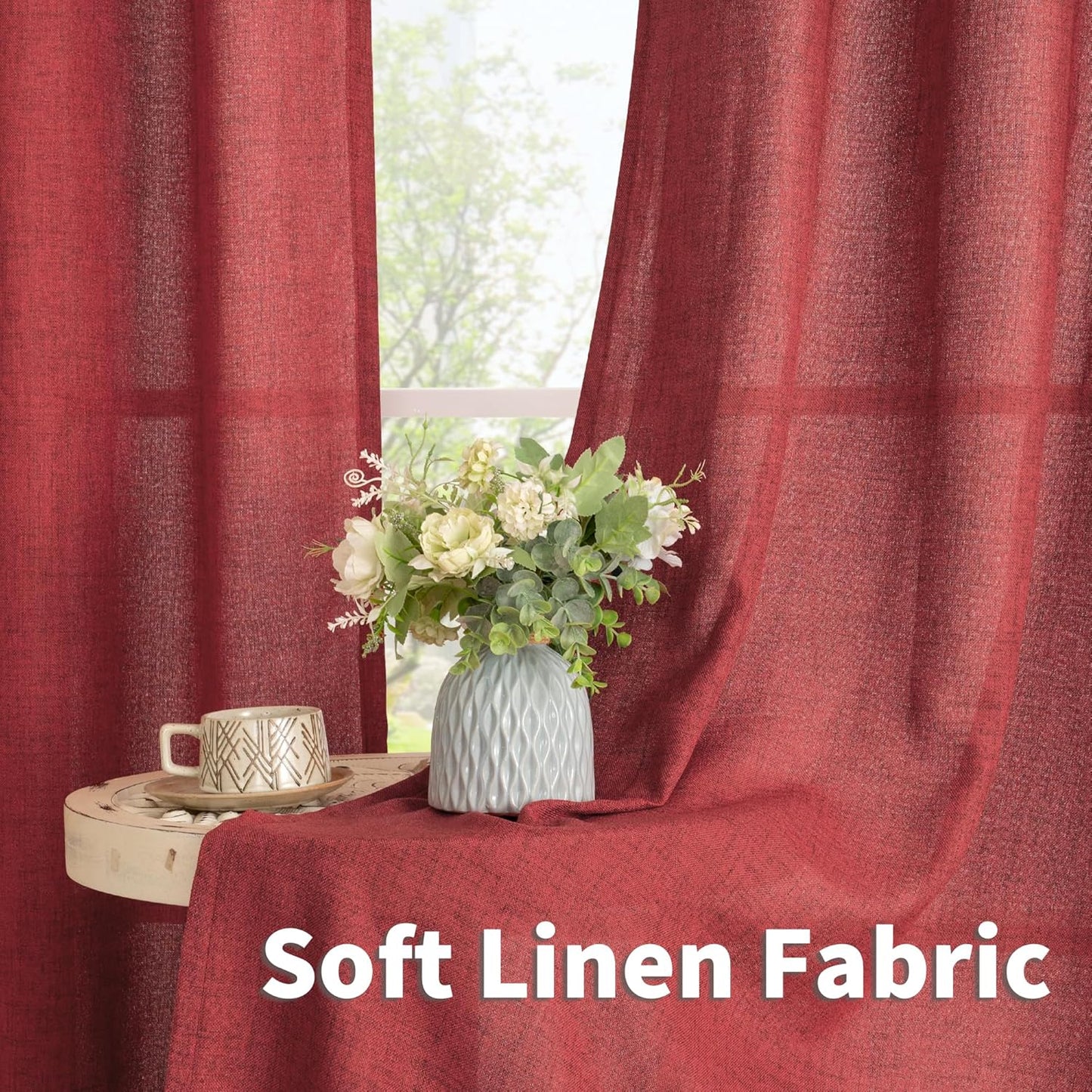 YoungsTex Red Linen Curtains 84 Inch Length for Living Room, Light Filtering Drapes Semi Sheer with Bronze Grommet Privacy Christmas Decor for Bedroom, 52 x 84 Inch, 2 Panels