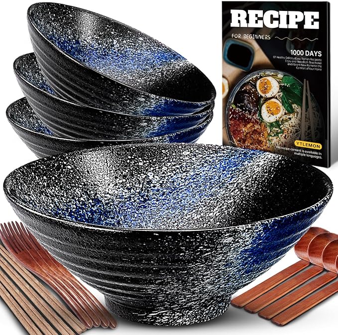 9.4Inch Ceramic Ramen Bowl Set of 4 (17 Piece) - Porcelain Japanese Salad Noodles Cereal Fruit Pasta Soup Large Bowls with Recipes Chopsticks Forks Spoons for Men Women Gift Microwave Dishwasher Safe