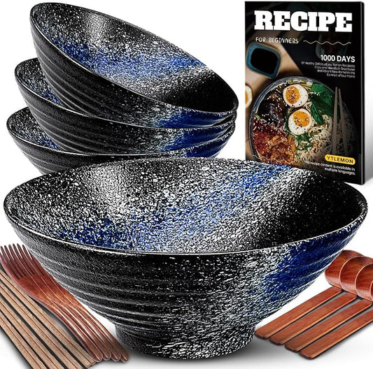 9.4Inch Ceramic Ramen Bowl Set of 4 (17 Piece) - Porcelain Japanese Salad Noodles Cereal Fruit Pasta Soup Large Bowls with Recipes Chopsticks Forks Spoons for Men Women Gift Microwave Dishwasher Safe