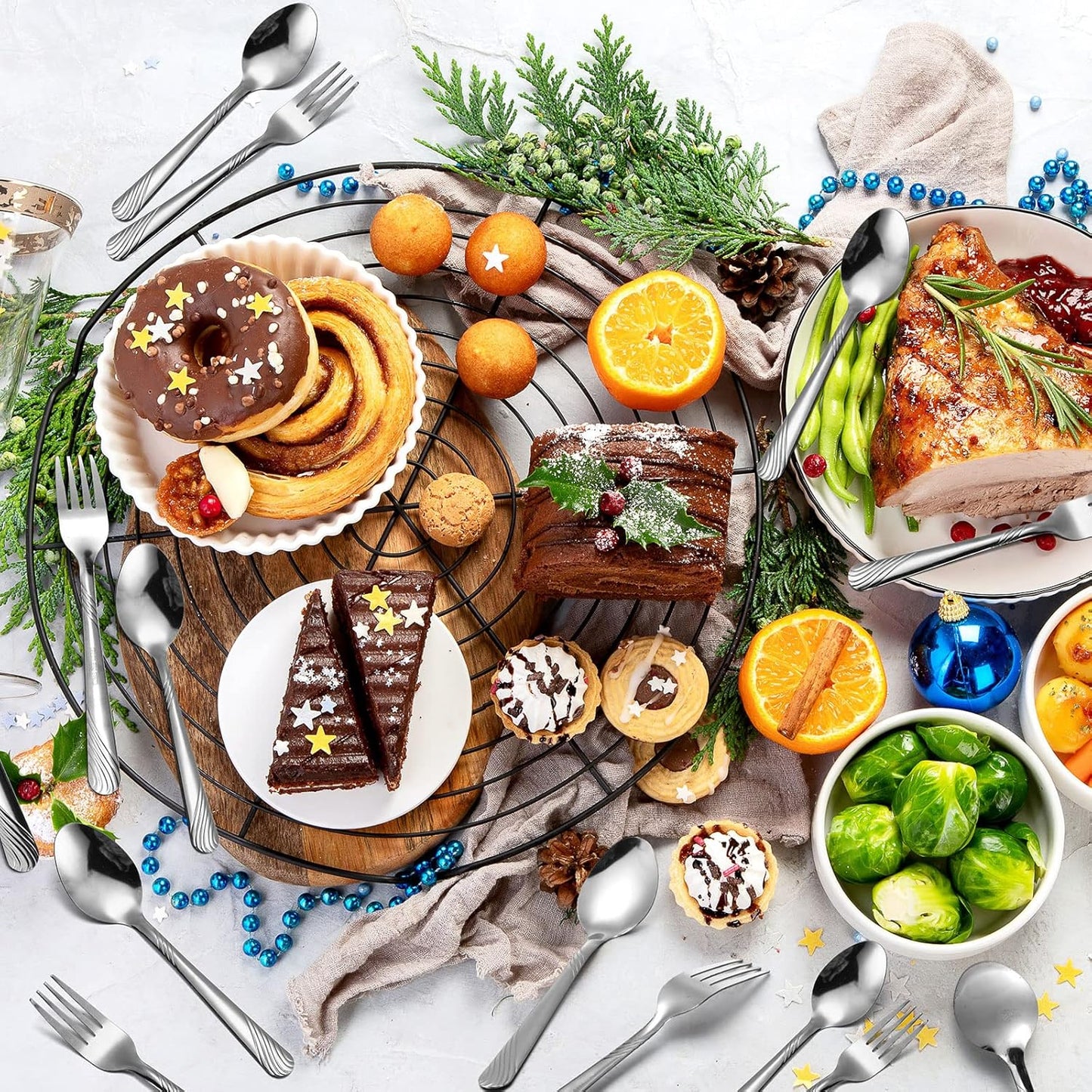 50 Pcs Forks and Spoons Silverware Set Stainless Steel Flatware Cutlery Set Heavy Duty Metal Spoons and Forks for Kitchen Utensil Dinner Restaurant Home, Mirror Polished, Dishwasher Safe(Stripe)