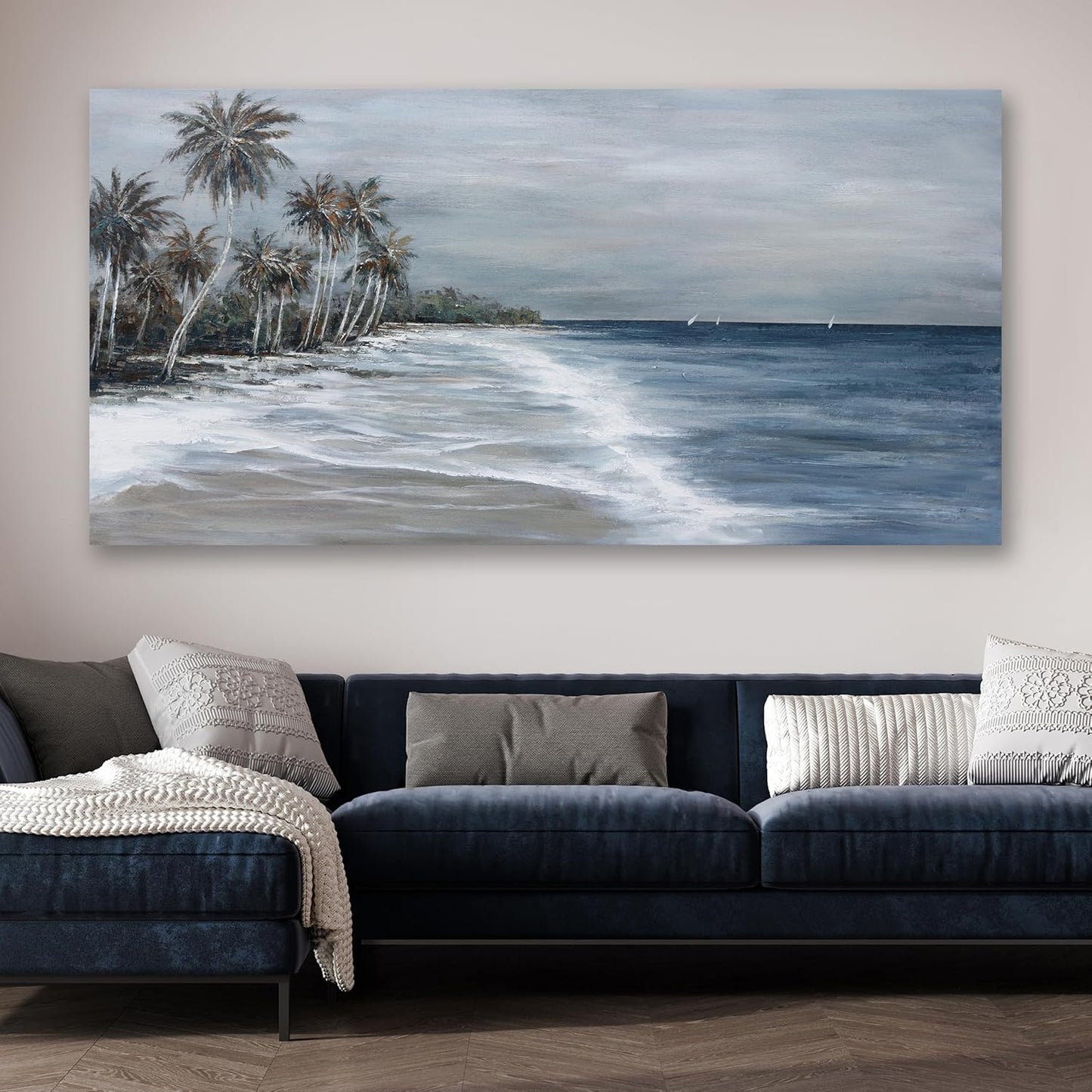 Coastal Wall Art Blue Gray Beach Wall Decor Landscape Abstract Canvas Painting Modern Ocean Artwork Framed for Living Room Bedroom Bathroom Office Decor 20"x40"Can Be Hung Directly