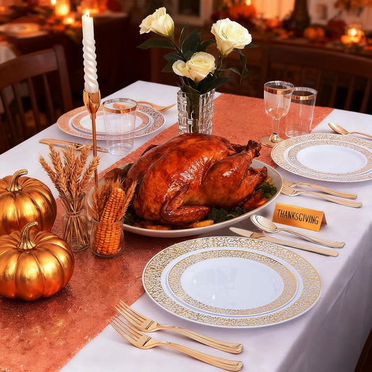 WDF 150PCS Gold Thanksgiving Plastic Plates Set Fall Plastic Plates 25Guests Gold Disposable Dinnerware Sets for Thanksgiving