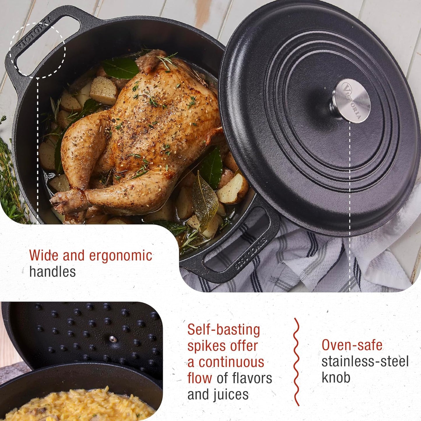 Victoria 6-Quart Cast Iron Dutch Oven with Lid and Dual Loop Handles, Seasoned with Flaxseed Oil, Made in Colombia,Black