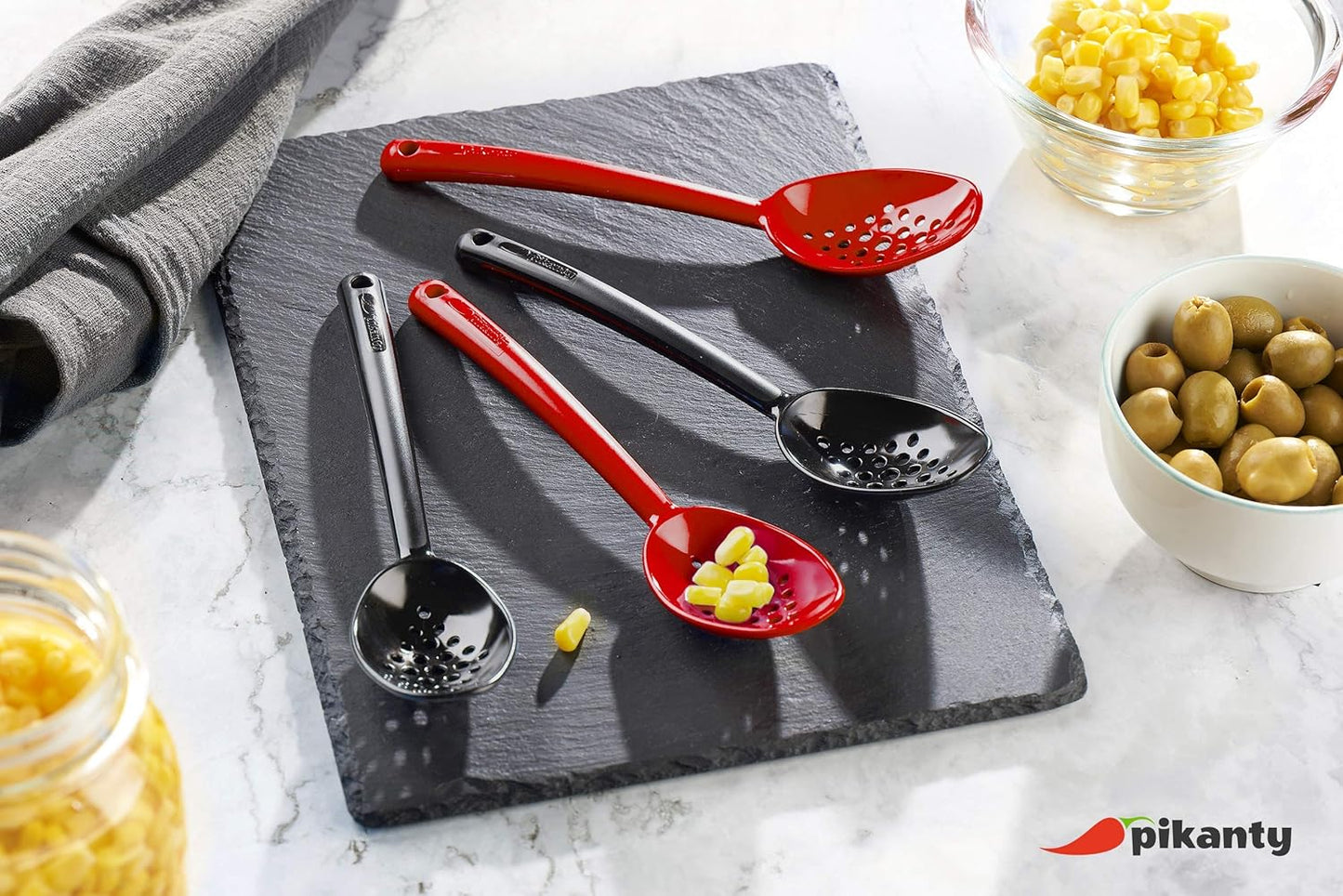 Pikanty - Small 7-Inch Slotted Serving Spoons (Pack of 4) - Perfect for Olives, Pickles & Condiments | Sturdy & Versatile | Made in USA