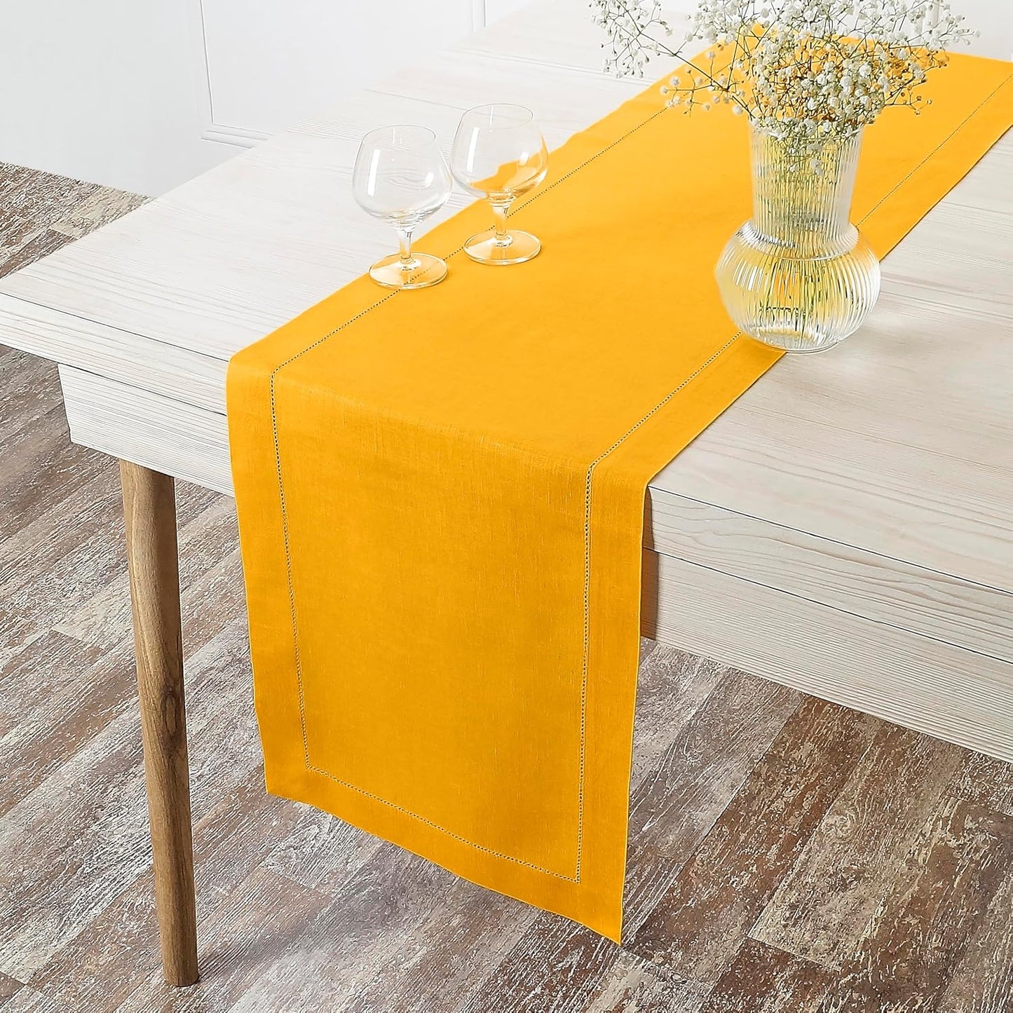 D'Moksha Homes Linen Sunflower Yellow Table Runner 48 Inches - Classic Hemstitch, 100% Pure Linen Coffee Table Runner 14 x 48 Inch Ideal for Dresser Tables - Fall, Autumn and Halloween