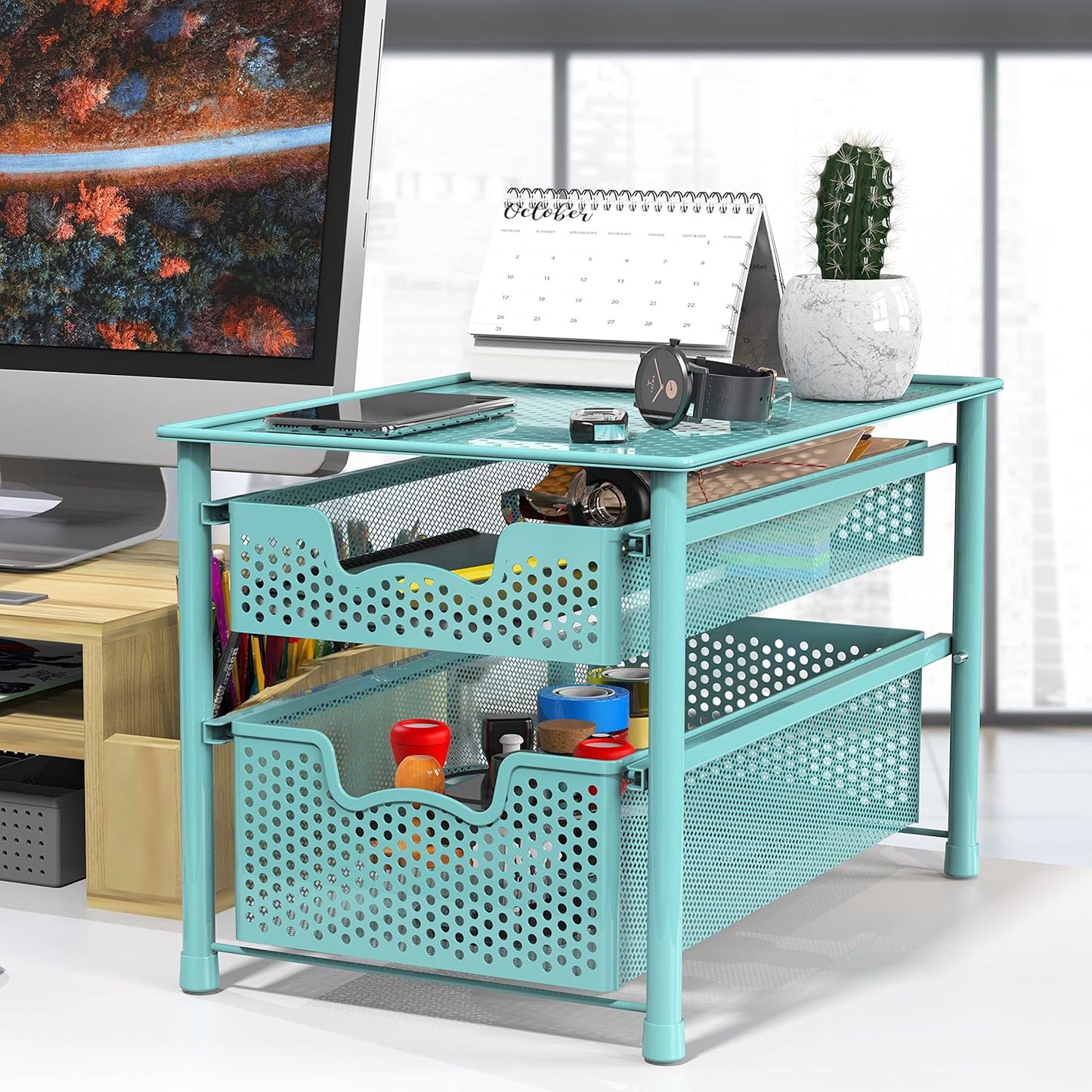 Simple Houseware Stackable 2 Tier Sliding Basket Organizer Drawer, Turquoise