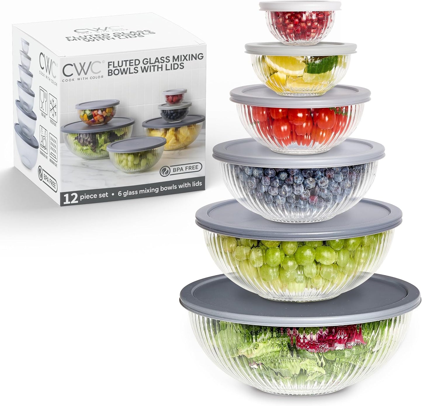 COOK WITH COLOR 12 Pc Glass Mixing Bowl Set with Lids – Borosilicate Glass Nesting Bowls for Cooking, Baking and Meal Prep, Fluted Grey