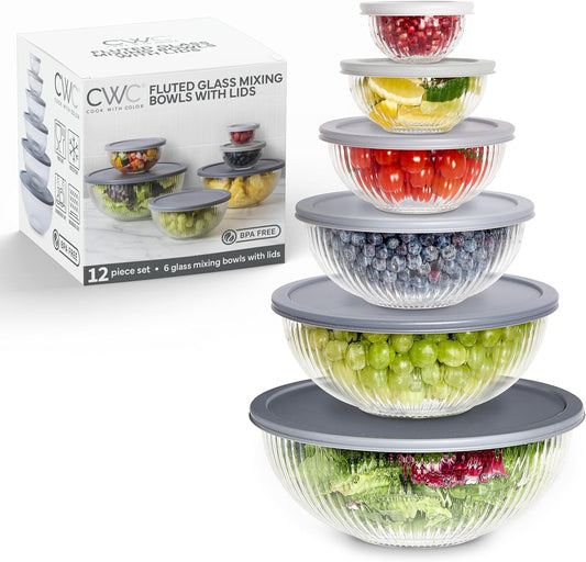 COOK WITH COLOR 12 Pc Glass Mixing Bowl Set with Lids – Borosilicate Glass Nesting Bowls for Cooking, Baking and Meal Prep, Fluted Grey