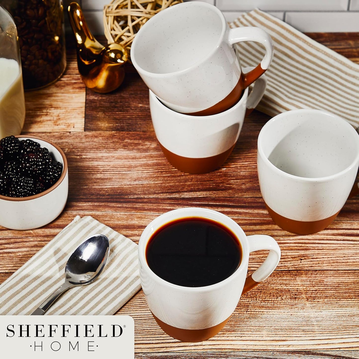 Sheffield Home - Set of 4, Large Stoneware 16oz Coffee Mugs with Handles - Dishwasher & Microwave Safe Ceramic - Ideal for Cappuccino, Espresso, Latte, or Tea - Vanilla White