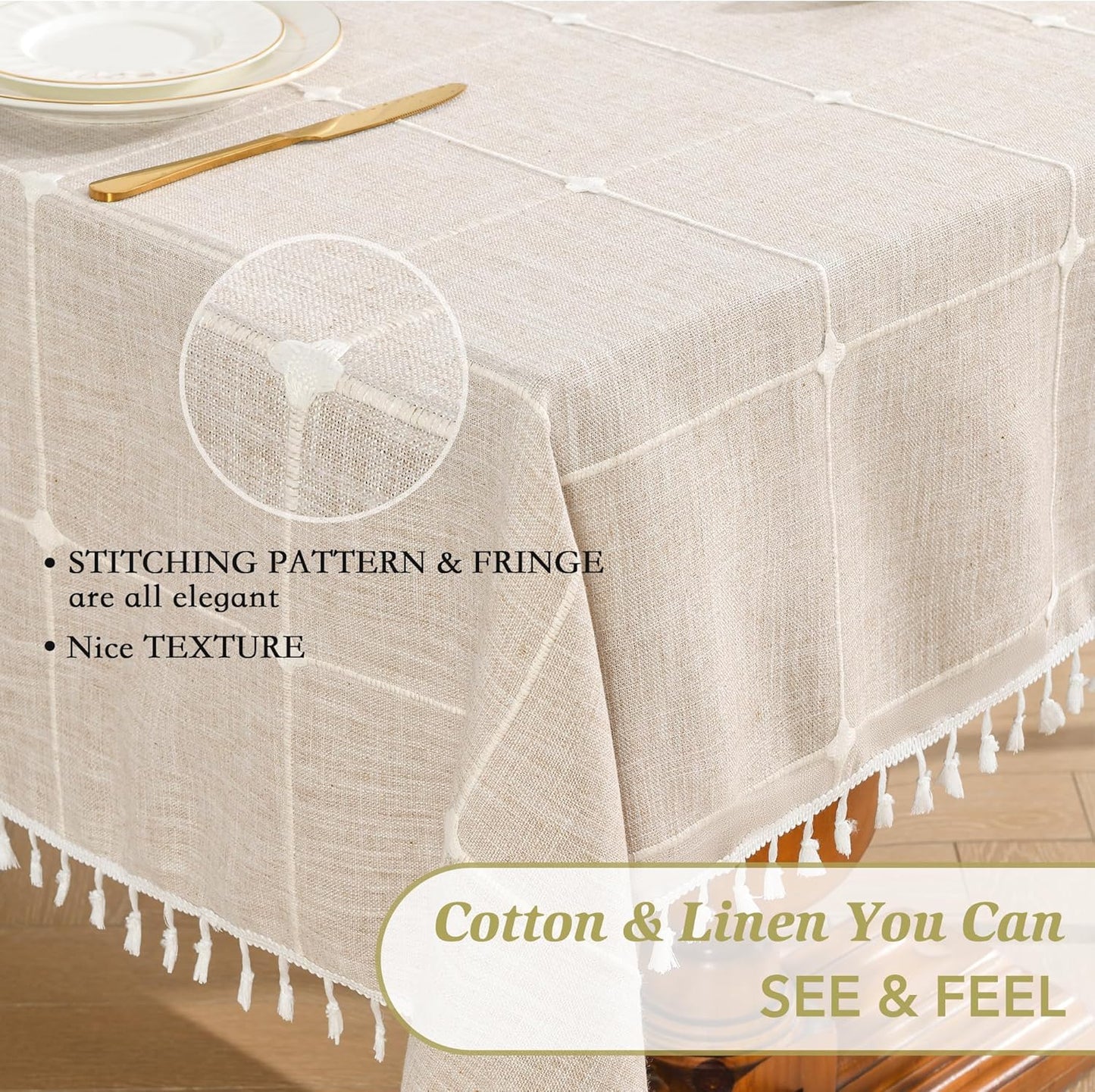 Oubonun Cotton Linen Rectangular Tablecloth - Wrinkle Resistant & Waterproof - Machine Washable Table Cloth with Tassels for Kitchen & Dining, 55''x102'', 8-10 Seats
