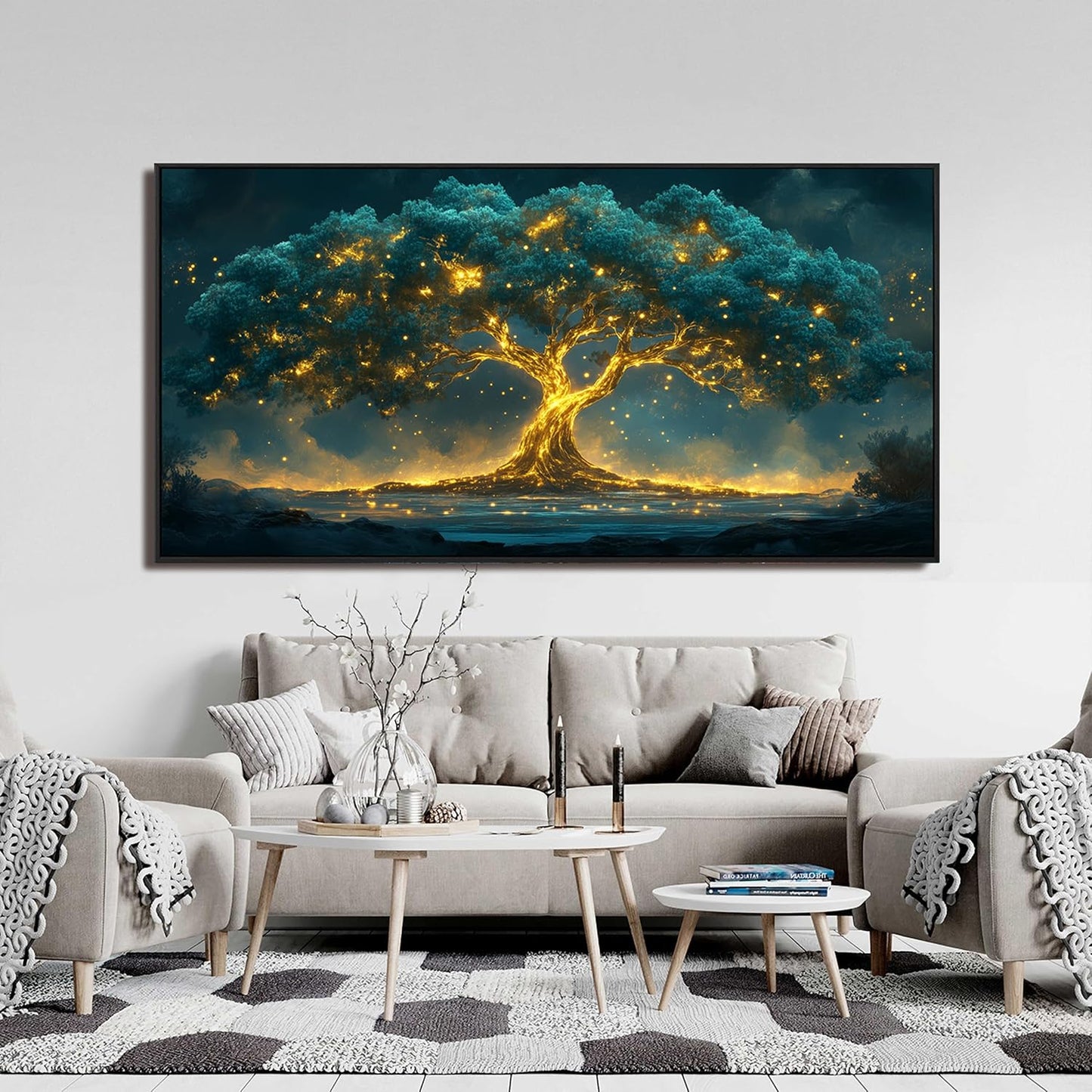 Canvas Framed Wall Art Decor Artwork for Walls Oversized Green Gold Wall Art Prints Large Tree of Life Wall Art for Living Room Canvas Art Wall Decor Modern Home Office Aesthetic Wall Art Decor 29" x 58"