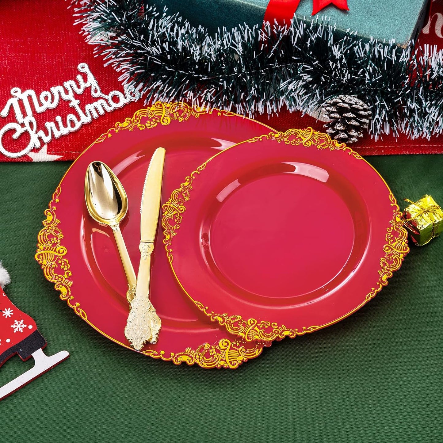 102PCS Red and Gold Plastic Plates - Red Plates Disposable - Vintage Plastic Plate with Gold Rim Include 51PCS Dessert & 51PCS Dinner Plate Perfect for & Weddings & Christmas Parties