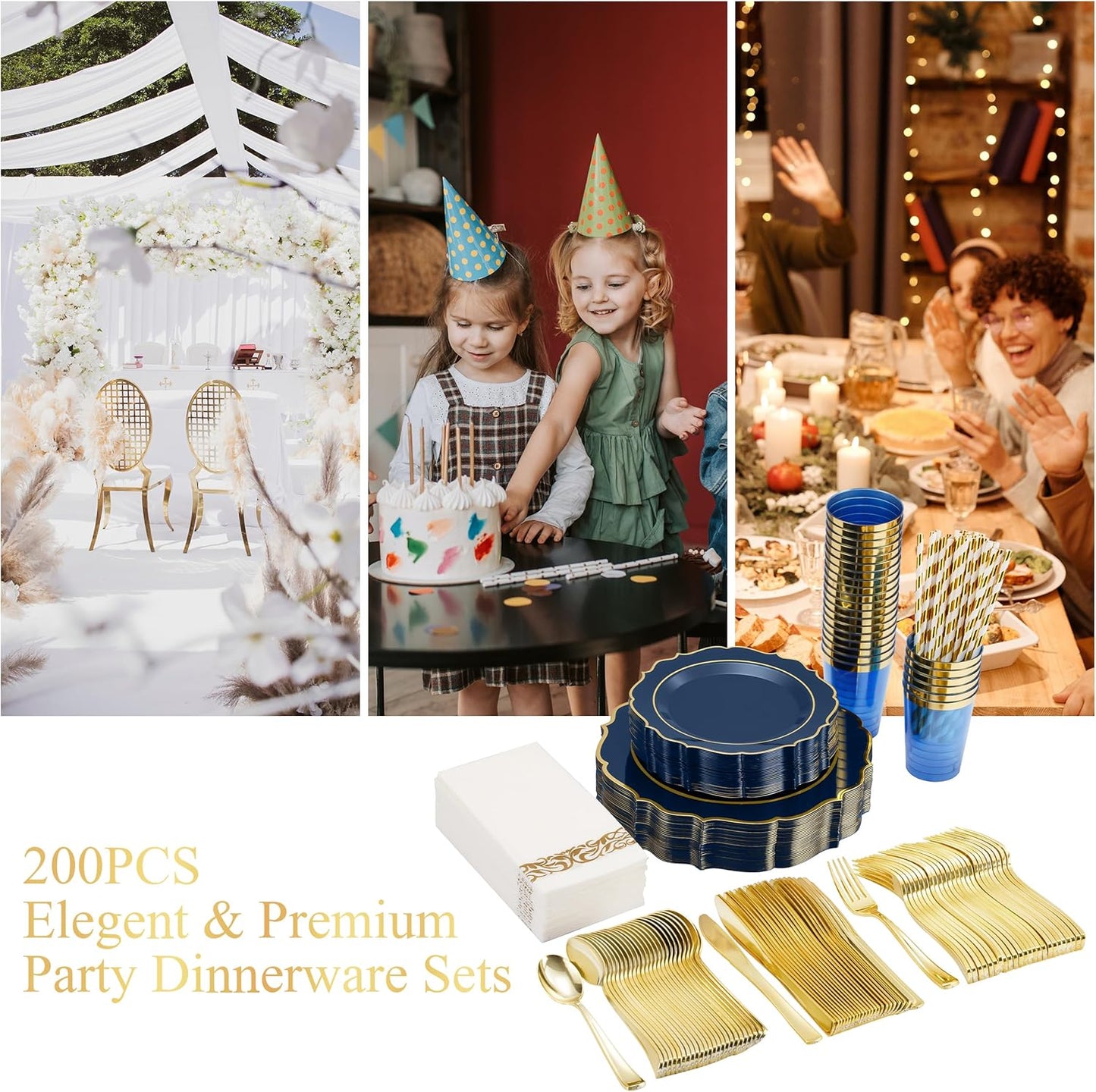 200 PCS Premium Blue Plastic Plates for 25 Guests, Heavy Duty Blue and Gold Disposable Plate, include 25 Plastic Dinner/Dessert Plates, 25 Silverware Set, 25 Cups, Straws for Party Graduation