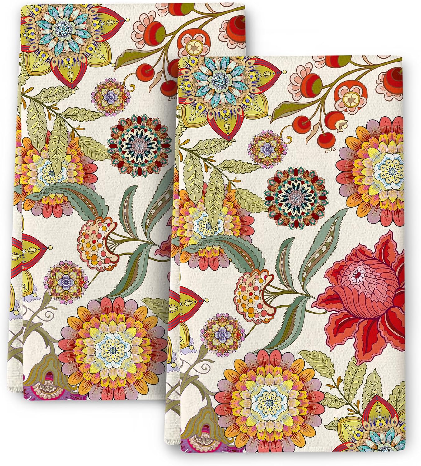 Cukemip Boho Floral Kitchen Towels Decorative Set of 2, Colorful Absorbent Hand Towels for Kitchen, Bar, Drying Decor, Housewarming Gifts