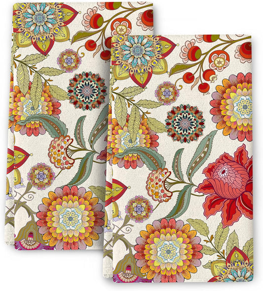 Cukemip Boho Floral Kitchen Towels Decorative Set of 2, Colorful Absorbent Hand Towels for Kitchen, Bar, Drying Decor, Housewarming Gifts