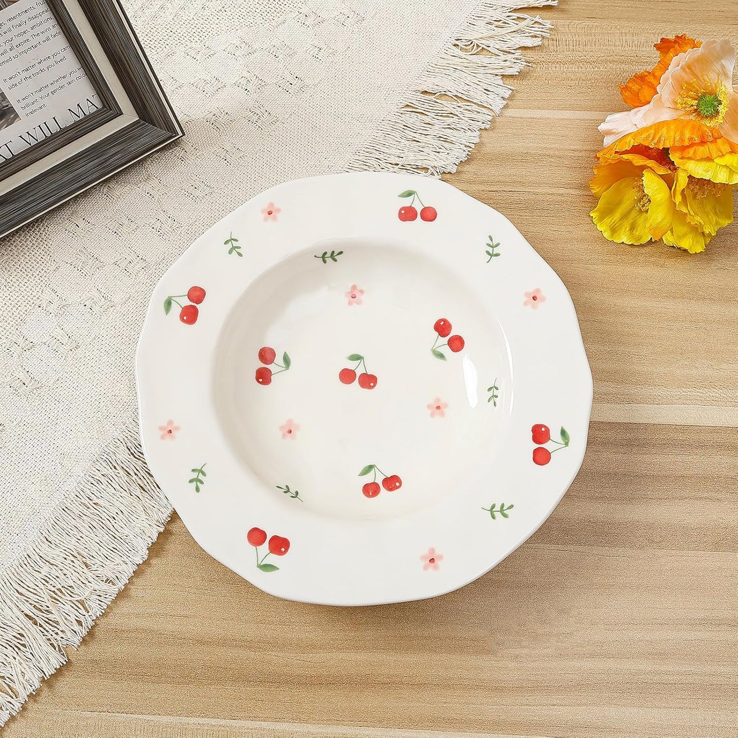 Koythin Ceramic Straw Hat Ramen Bowl Set, Pasta Bowls, Salad Serving Bowl for Noodle, Dinner, Salad, Microwave Dishwasher Safe (Cherry)