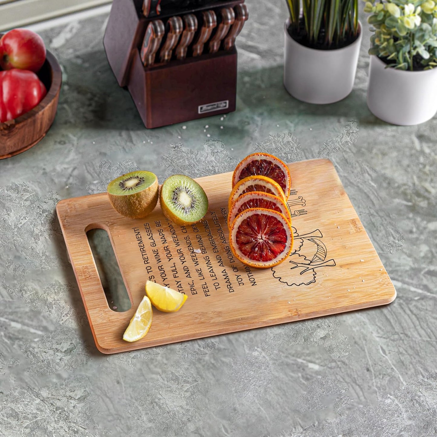 Retirement Gift: Here's to Retirement! May Your Wine Glasses Stay Full, Your Naps Be Epic, and Your Weekdays Feel Like Weekends. Decorative Bamboo Cutting Board with Handle, 12" x 8"