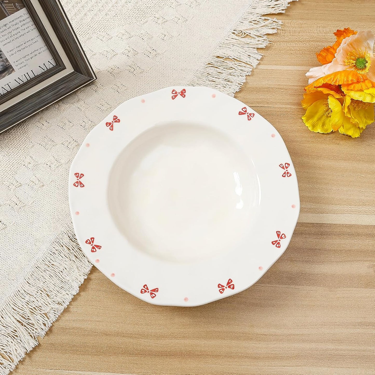 Koythin Ceramic Straw Hat Ramen Bowl Set, Pasta Bowls, Salad Serving Bowl for Noodle, Dinner, Salad, Microwave Dishwasher Safe (Pink Bow)