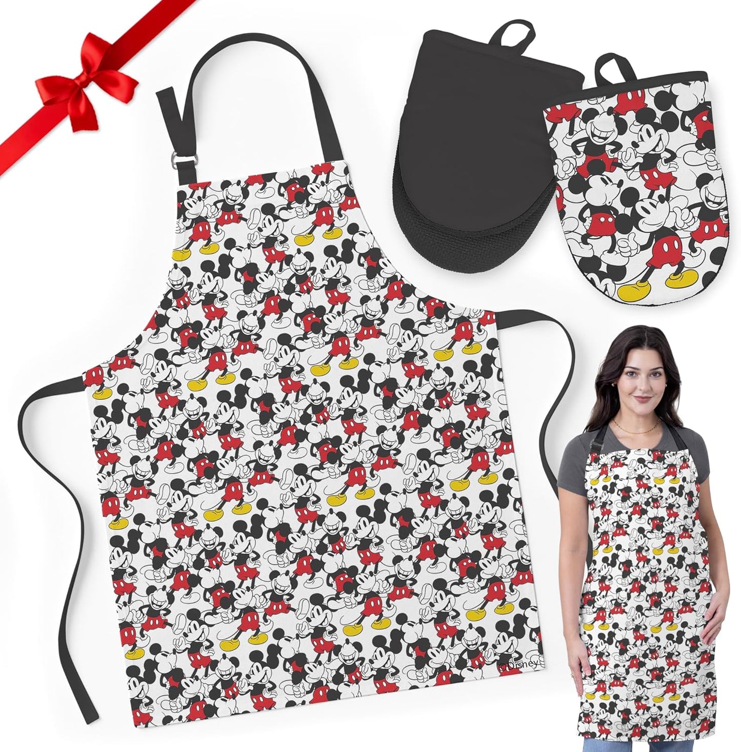 Disney Apron & Oven Mitts Set – 3 Piece Bundle with 1 Cotton Kitchen Apron for Cooking & 2 Heat Resistant Pot Holders