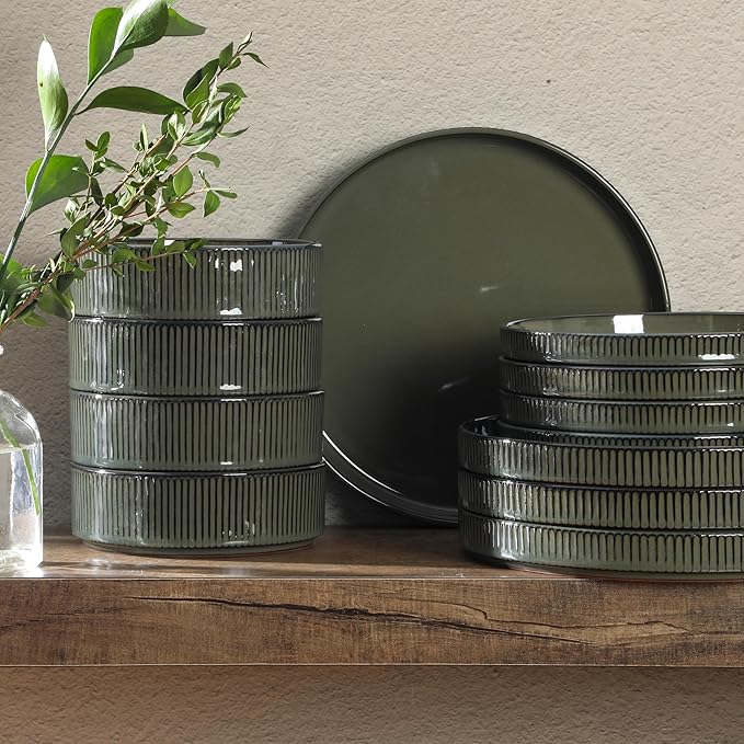 Gibson Elite 12 Piece (Service for 4) Townscape Plates and Bowls Reactive Glaze Embossed Round Dishes Terracotta Ceramic Dinnerware Set - Dark Green