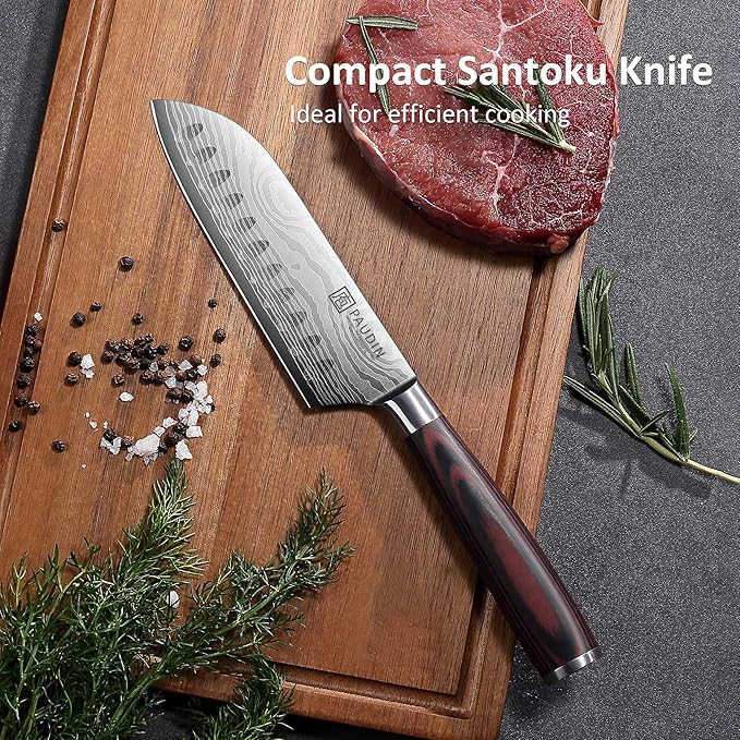 PAUDIN Santoku Knife, Chef Knife 5 inch Ultra Sharp Kitchen Knife, Japanese Chef Knife with Sheath, High Carbon Stainless Steel, Ergonomic Pakkawood Handle