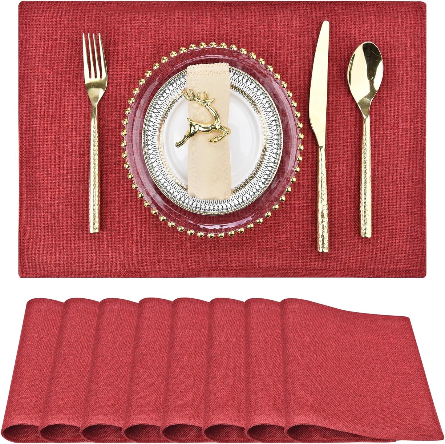 SLKQG Christmas Linen-Look Fabric Placemats Set of 8 - Holiday Dining Table Mats for Festive Decor, Heat Resistant & Machine Washable, Place Mats for Dinner Parties, Xmas Gift for Home (8, Wine Red)