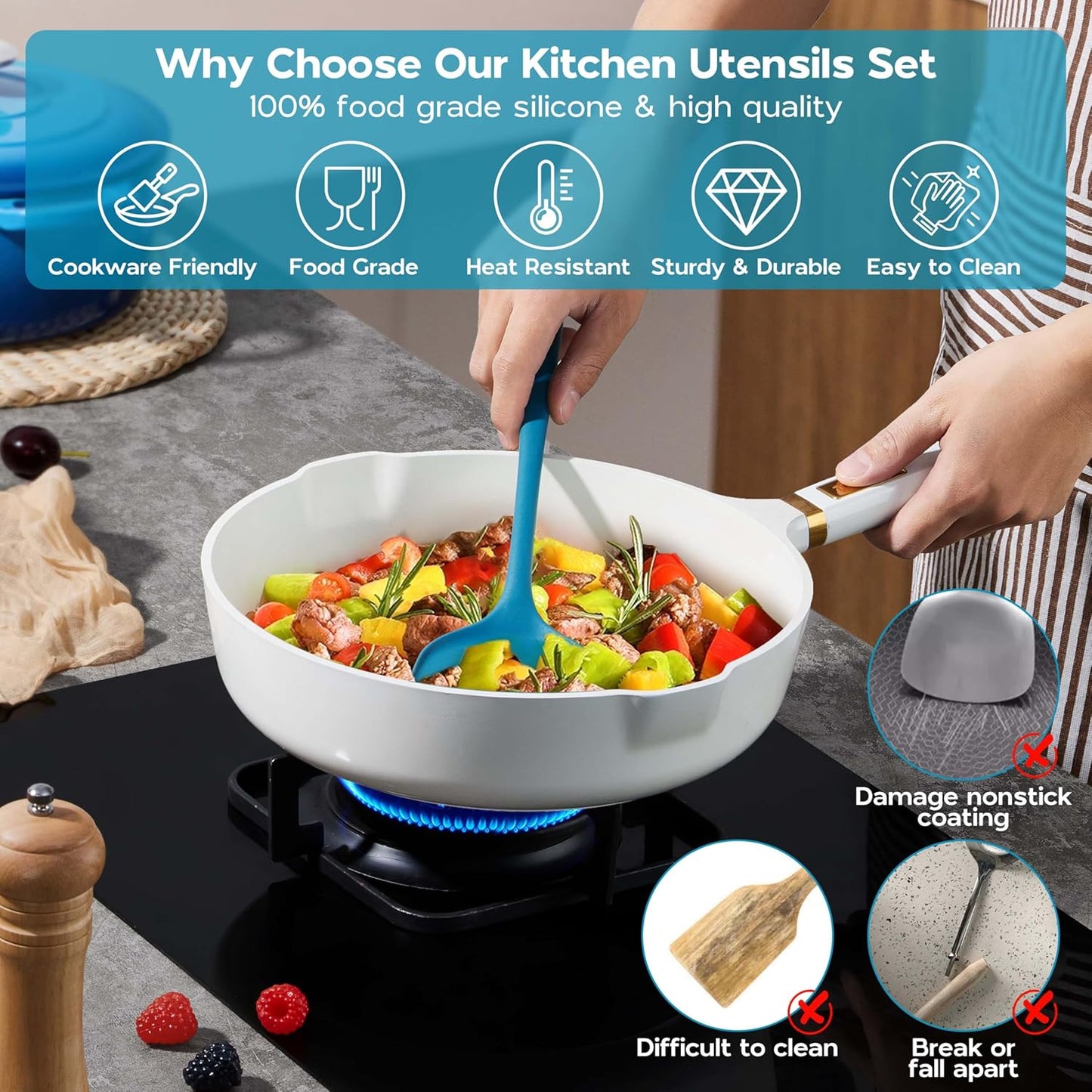 Onader Navy Blue Kitchen Utensils Set, Silicone Cooking Utensils Set of 10 with Turner Spoon Spatula Whisk Pasta Server, Dishwasher Safe