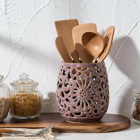 Farmhouse Kitchen Utensil Holder for Kitchen Counter, Ceramic Large Cooking Utensil Crock with Cork Mat, Countertop Cooking Tool Spatula Organizer, Purple Antique Design