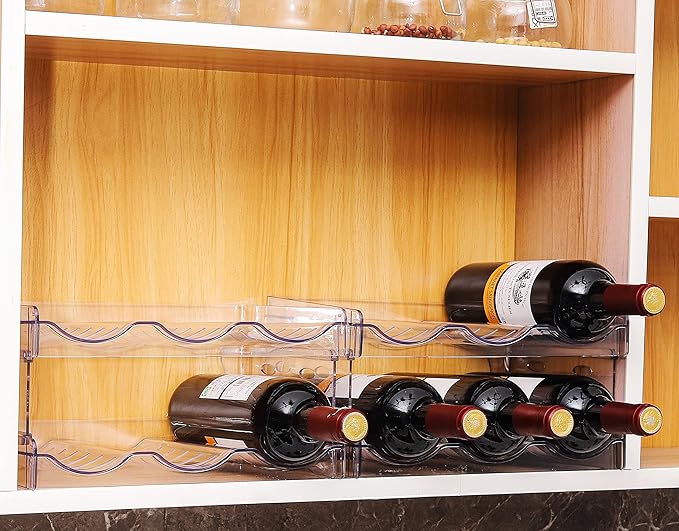 IEEK 4 Pack Stackable Wine and Water Bottle Holder Free-Standing Fridge Wine Bottle Organizers Clear Plastic Water Bottle Holder for Cabinet,Refrigerator,Pantry,Kitchen Countertops,Holds 12 Bottles