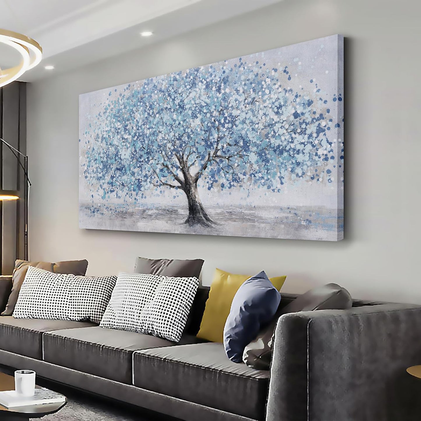 Tree of Life Wall Art Blue Tree Picture Wall Decor Artwork Framed Abstract Canvas Painting Nature Decor for Living Room Bedroom Bathroom Office Home Decor 58"x29"Can Be Hung Directly