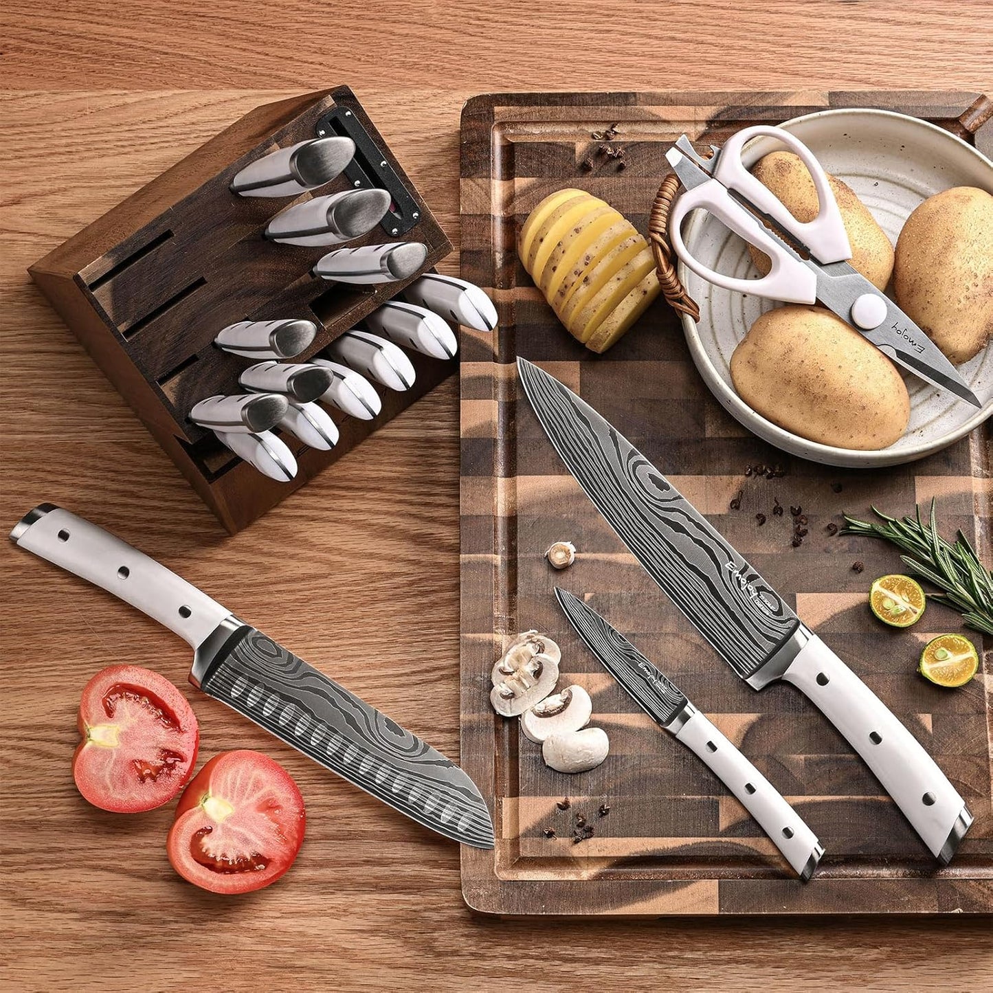 Knife Set, Emojoy 18-Pieces Kitchen Knife Set With Wooden Block, German Stainless Steel Knife Block Set With Built-In Sharpener, Professional Sharp Knives Set for Kitchen,White