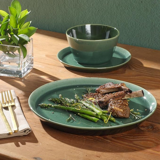 Gibson Elite 12 Piece (Service for 4) Fern Canyon Plates and Bowls Reactive Glaze Modern Coupe Round Dishes Stoneware Ceramic Dinnerware Set - Glossy Green