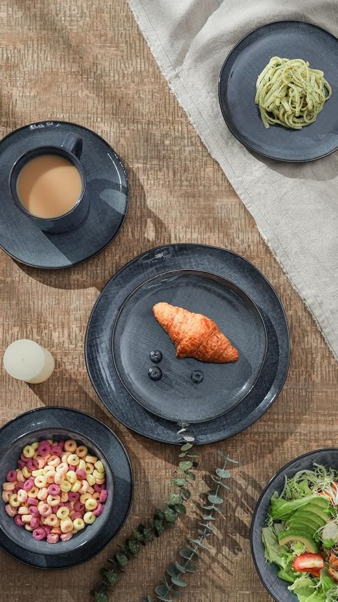 Famiware Moonlight Plates and Bowls Sets, 18 Pieces Stoneware Dinnerware Sets with Linen Finish, Handmade Dishware set for 6, Microwave and Dishwasher Safe, Scratch Resistant Tableware, Dark Blue