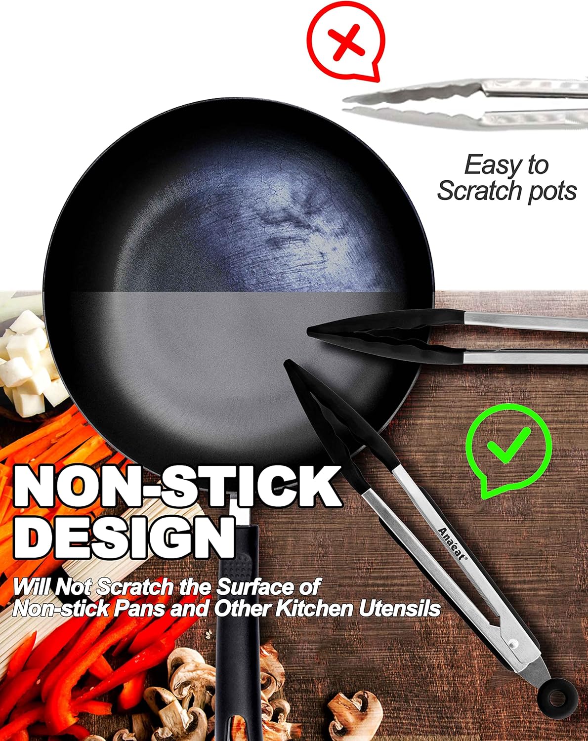 Anaeat Non-Stick Silicone Locking Tong Set of 3 - Stainless Steel 7", 9", 12" Kitchen Food Tongs with Non-Slip Silicone Tips and Grip for Cooking, Baking and BBQ - Heat Resistant up to 480°F (Black)