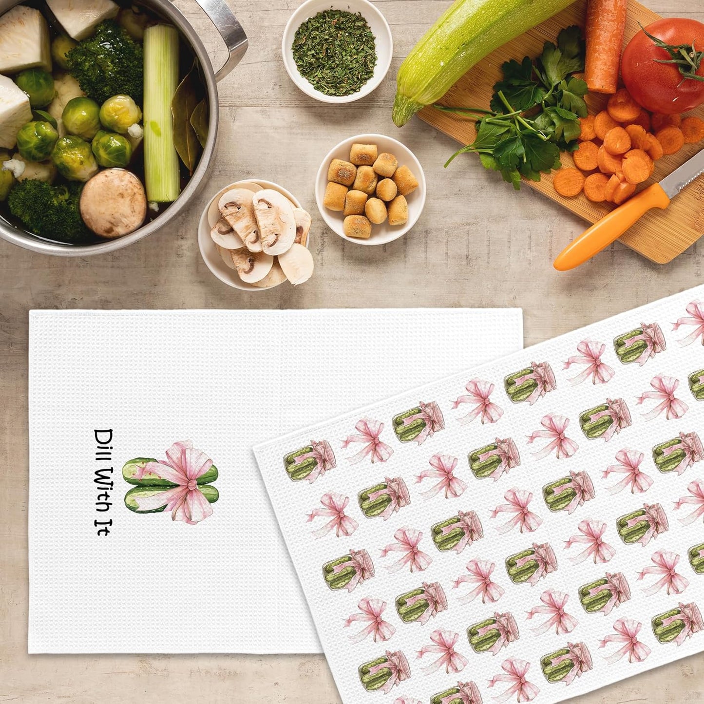 Coquette Pink Bows Pickle Jars Kitchen Towels Set of 2, Cucumber Pickle Lovers Hand Towel, Dill with It Funny Pickle Gifts, Pickle Party Kitchen Decorative Tea Towel Dish Towels 16x24 Inch