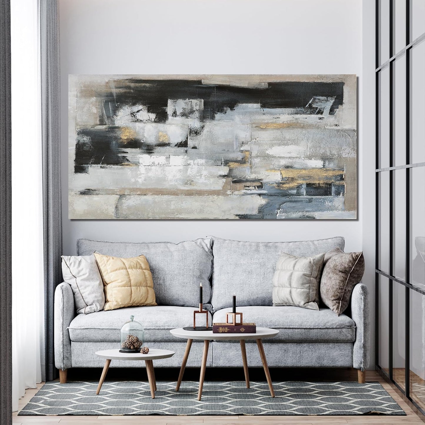 Suconvng Abstract Wall Art For Living Room Blue Grey Abstract Canvas Art Wall Decor Paintings Modern Background Artwork Abstract Wall Decor For Bedroom Office Can Be Hung 24×48 Inch