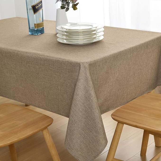 JIUZHEN Faux Linen Farmhouse Tablecloth Rectangular, Wrinkle Stain Resistant Table Cloth Rectangle Table Cover for Kitchen Dining, Holiday Party Dinner, Khaki, 54 x 120 Inch