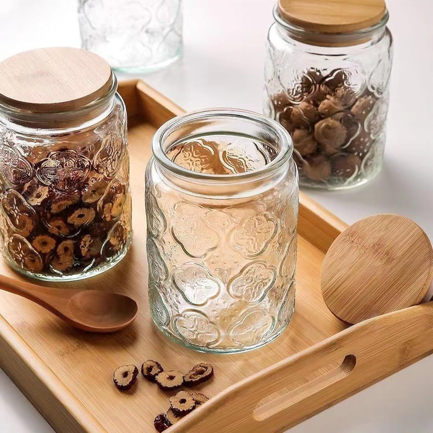 Glass Storage Jars With Airtight Lid, 23.7oz Canister For Kitchen Counter with Bamboo Lid, brown sugar, candy, coffee, cookie, salt, tea,pantry cute Jar (Begonia Flowers*1)
