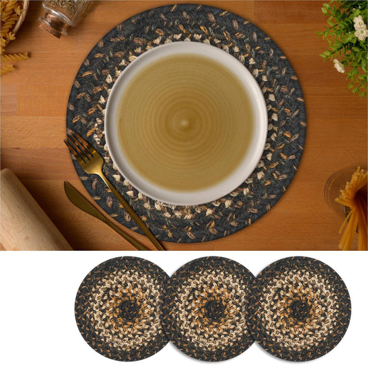 Homespice Kilimanjaro Jute Braided Trivets for Table, Warm Primitive Decor, Set of 3, Black and Tan 8" Round Heat Resistant Mats - Rich Colors, Easy to Clean, Durable and Protects Furniture