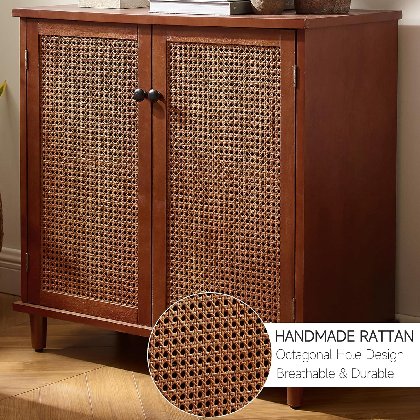 Sideboard Buffet Cabinet, Rattan Storage Cabinet with 2 Doors and Removable Shelf, Farmhouse Decor for Living Room, Entryway, Hallway, Kitchen, Dining Room
