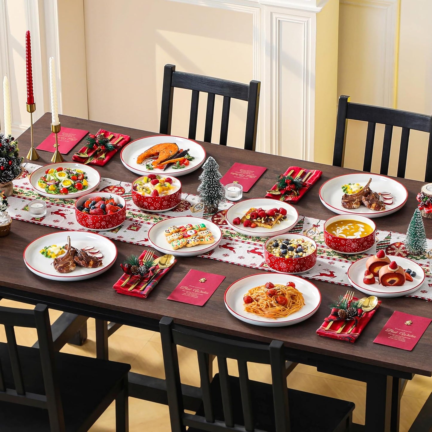 MALACASA Plates and Bowls Sets, 12 Pieces Christmas Porcelain Dinnerware Set for 4, Ceramic Dishware Dishes Kitchen Dining Ware Set, Microwave and Dishwasher Safe, Series LUNA-Christmas Tree