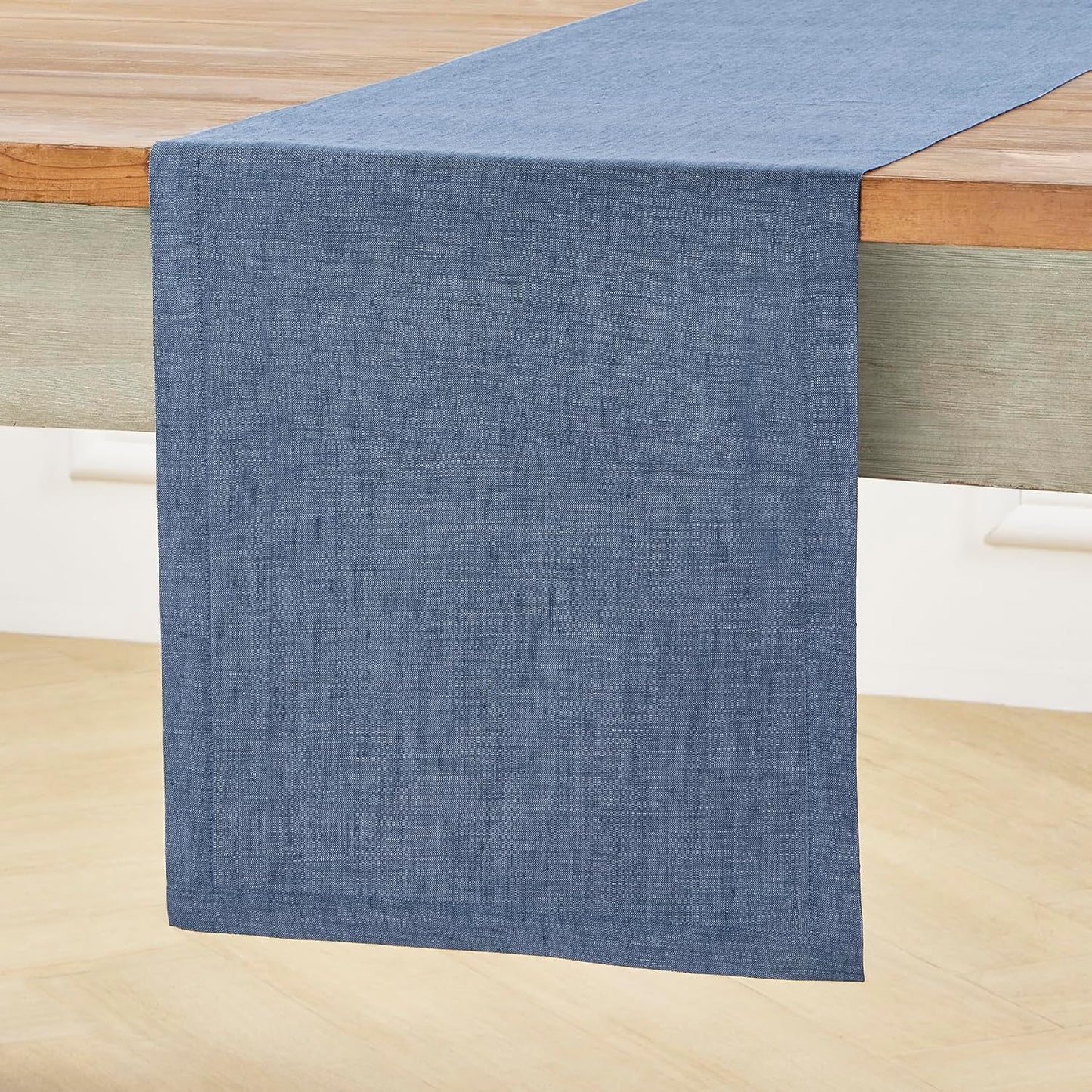 Solino Home Linen Table Runner 48 Inches - 100% Pure Linen Blue Denim Table Runner 14 x 48 Inch Ideal for Dresser and Coffee Tables - Athena