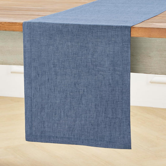 Solino Home Linen Table Runner 120 Inches Long - Athena, 100% Pure Linen Blue Denim Dining Table Runner 14 x 120 Inch