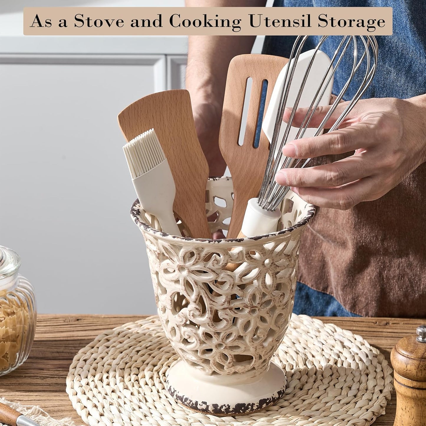 Utensil Holder for Kitchen Counter, Modern Farmhouse Cooking Utensil Holder and Crock Home Kitchen Decor, Ceramic Utensil Organizer for Spatula, Ladle, Eggbeater, Rolling Pin- Beige Antique Design