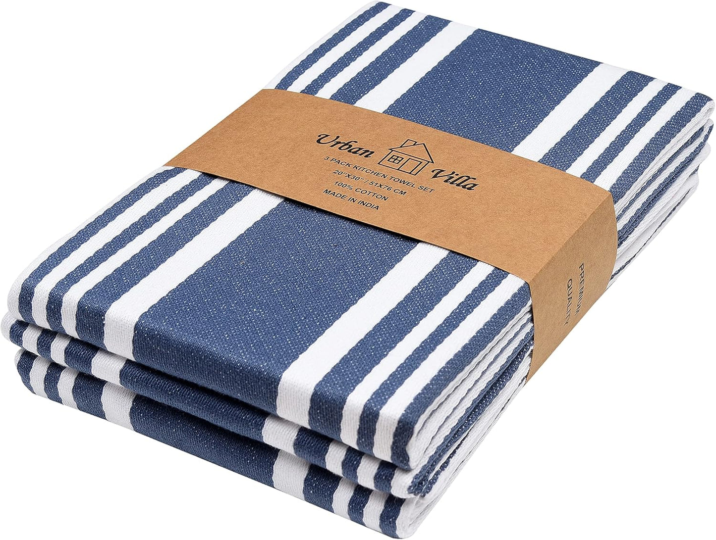 Urban Villa Kitchen Towels 100% Cotton Pack of 3, Highly Absorbent Quick Drying Soft Premium Dish Towels for Kitchen with Hanging Loop Hand & Tea Towels - 20x30 Inch, (Indigo Blue & White, Striped)