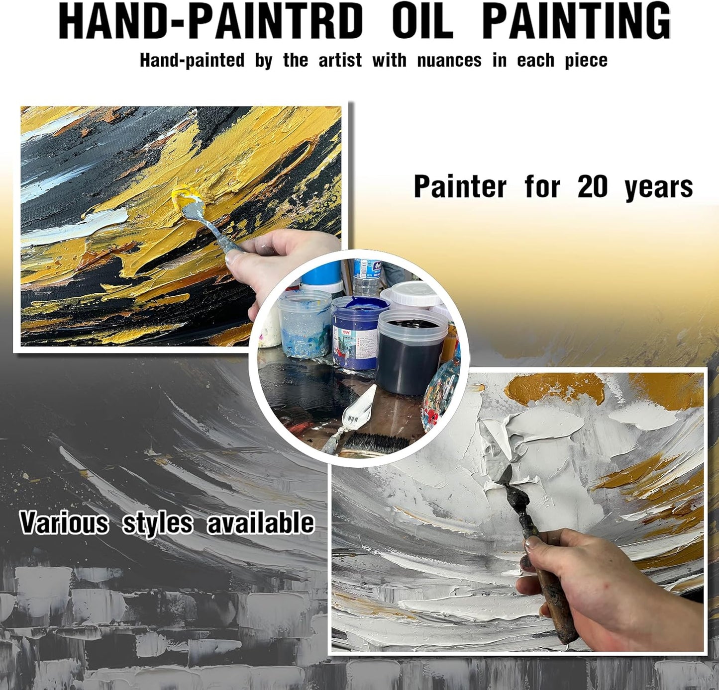 Abstract Large Pictures for Living Room - Black White and Gold Hand Painted Wall Art for Office - Black Framed Canvas Wall Art for Bedroom Size 29" x 59"