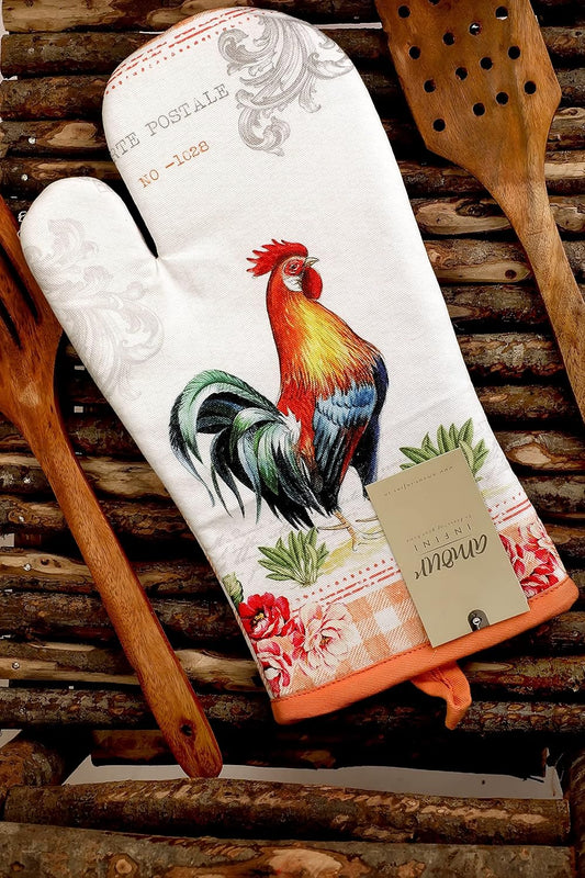 AMOUR INFINI Oven Mitts and Pot Holders Sets Heat Resistant, Non-Slip 1 Oven Mitt and 1 Pot Holder BBQ Party Baking Kitchen Set (Farm Rooster Design)