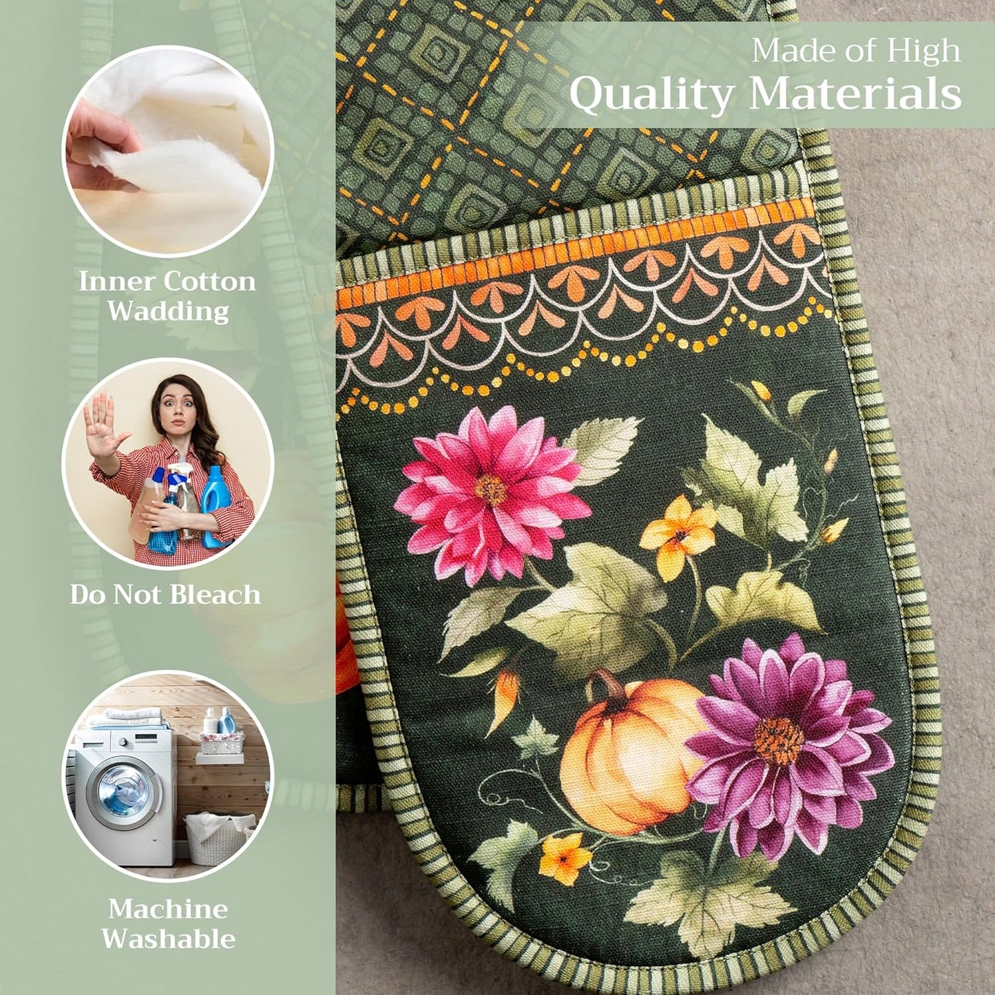 Maison d' Hermine Double Oven Mitt (7" x 35") 100% Cotton Heat Resistant BBQ Cooking Gloves with Loop for Thanksgiving Christmas Decorations Cooking Handling Hot Pan (Pumpkin Garden - Dark Green)