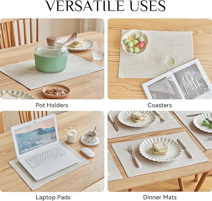 Softalker Faux Linen Placemats Set of 4-12 x 18 Inch, Heat Resistant Double Layered Durable Burlap Farmhouse Place Mats, Non-Slip Washable Rustic Table Mats for Dining, Kitchen, Party（Cream