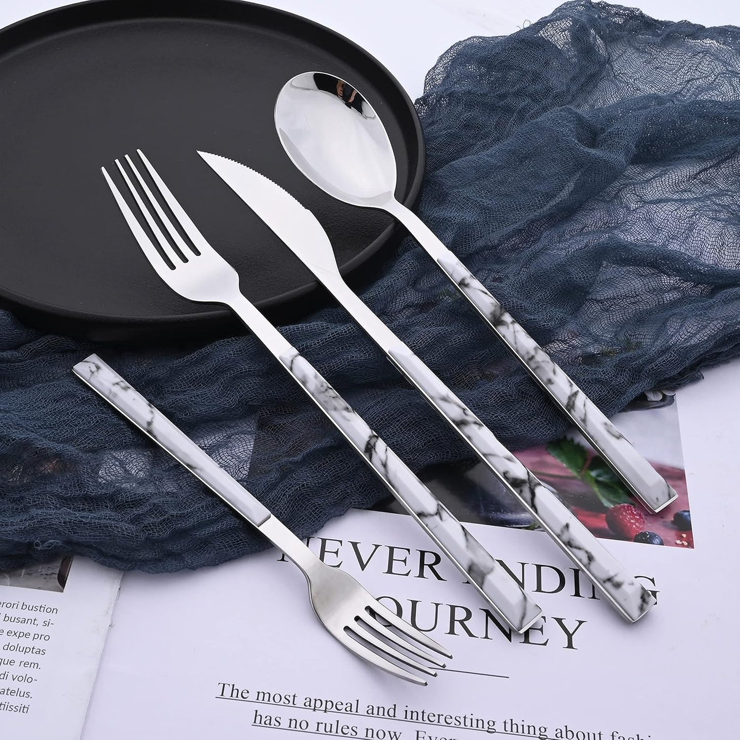 16-Piece Silverware Set with Dessert Fork, Stainless Steel Flatware Cutlery Set for 4, Mirror Finish Tableware Utensil Set, Marble Texture Handle, Include Knife Fork Spoon(White & Silver)